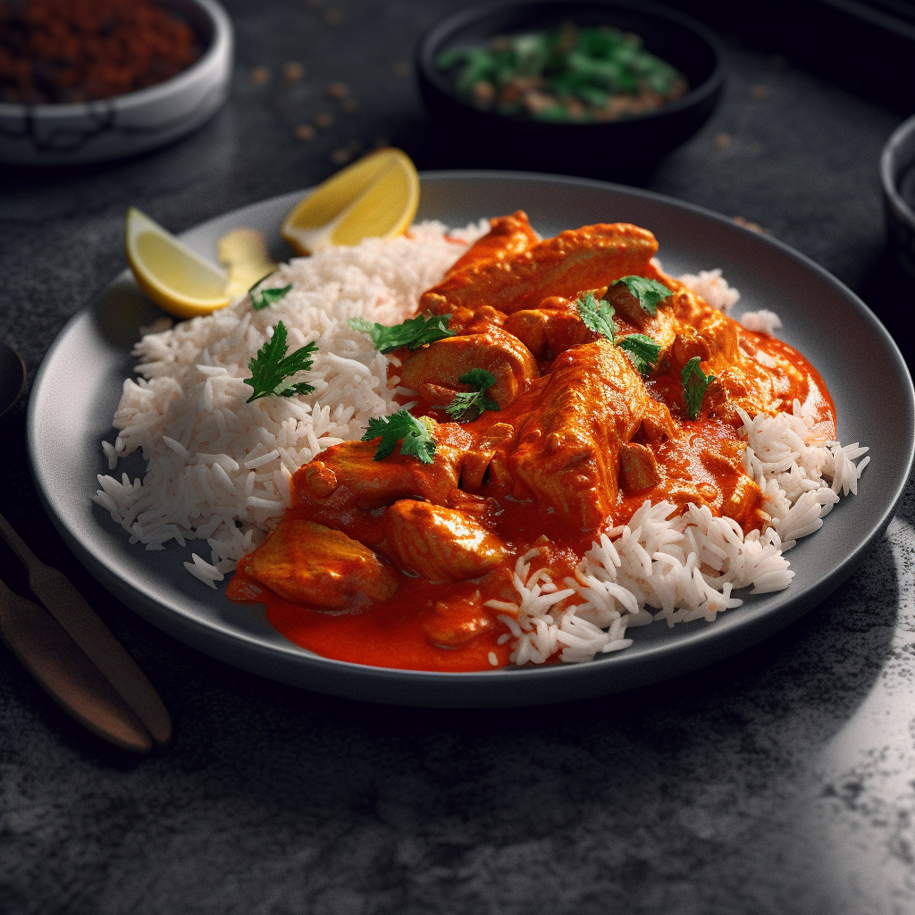 Prato com arroz basmati, caril de Frango estilo Butrer chicken, coentros e limão.