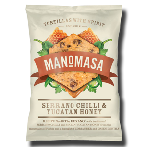 Manomasa Serrano Chilli and Yucatan Honey Tortilla Chips 160g Manomasa Serrano Chilli and Yucatan Honey Tortilla Chips 160g