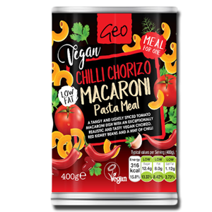 Geo Vegan Macaroni Chilli Chorizo 400g Geo Vegan Macaroni Chilli Chorizo 400g