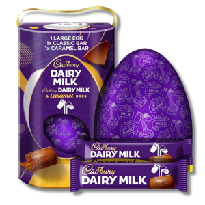 Cadbury Dairy Milk Chocolate Egg with 1 Milk & 1 Caramel Bars 245g Cadbury Dairy Milk Chocolate Egg with 1 Milk & 1 Caramel Bars 245g